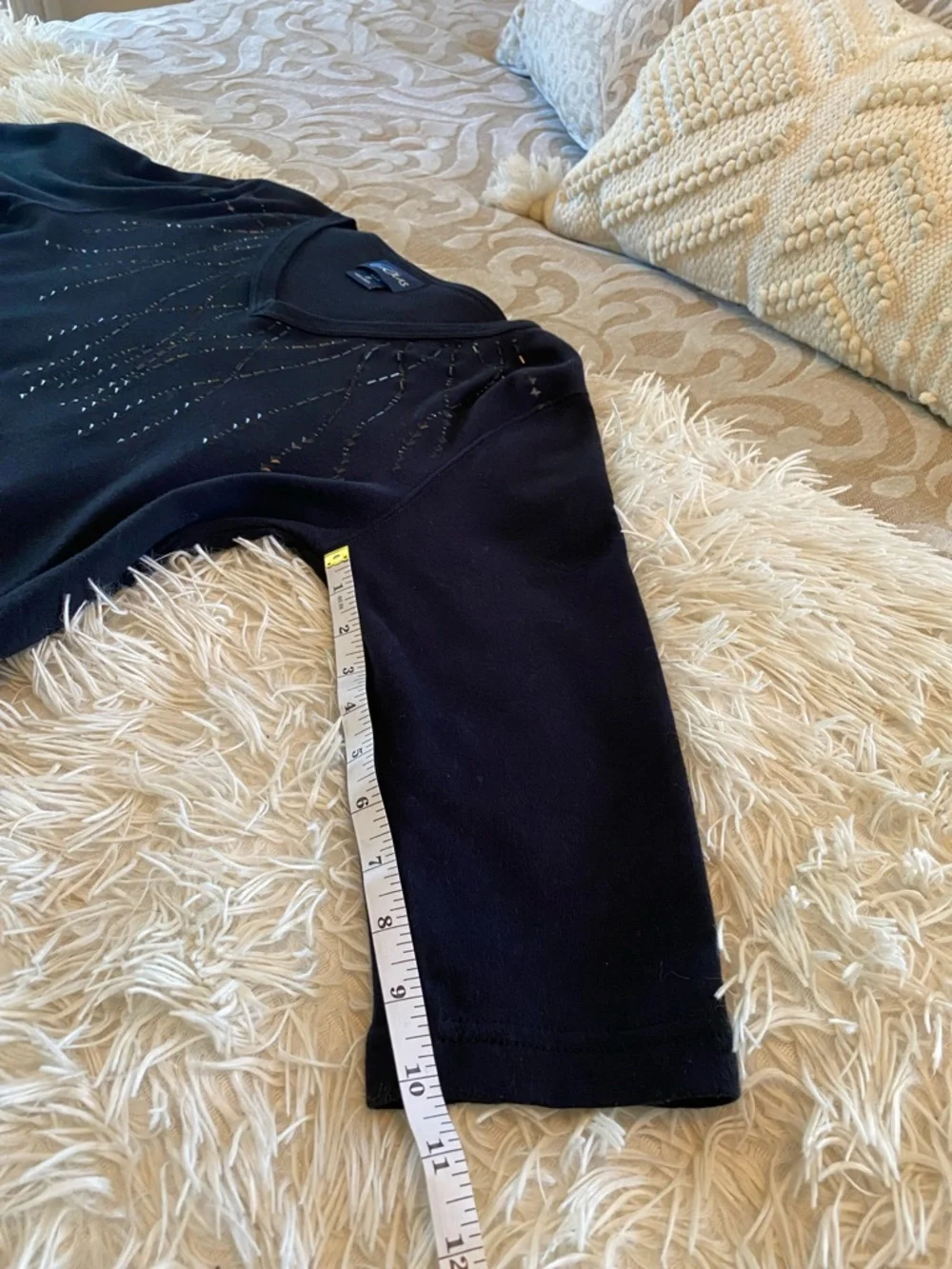 Las Olas Beaded V-Neck Top Size S Navy 3/4 Sleeve Embellished Blouse